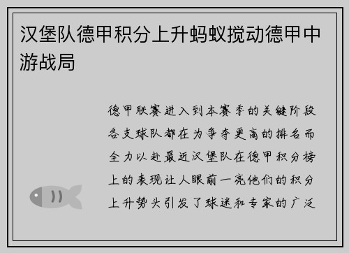 汉堡队德甲积分上升蚂蚁搅动德甲中游战局